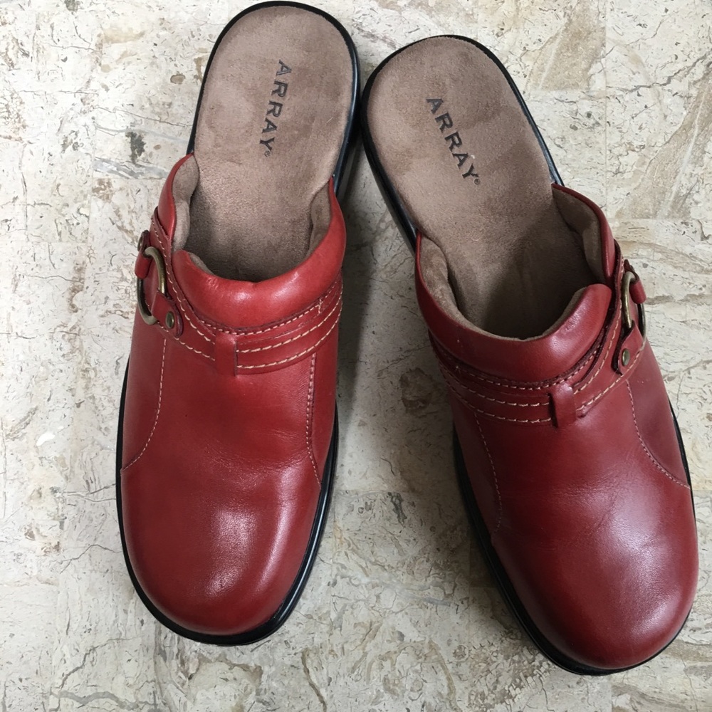 Red Leather Slip On Clogs Mules Lyric Closed Toe